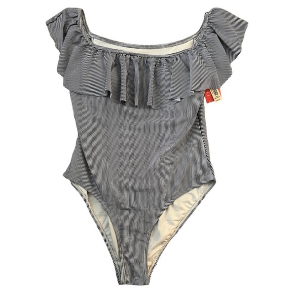 Uncommon Sense Blue & White Striped Ruffle One Piece Swim Suit Size Large - Picture 1 of 6